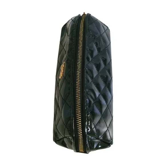 Rare BURBERRY Quilted Patent Leather Cosmetic Bag Black Gold Hardware Case